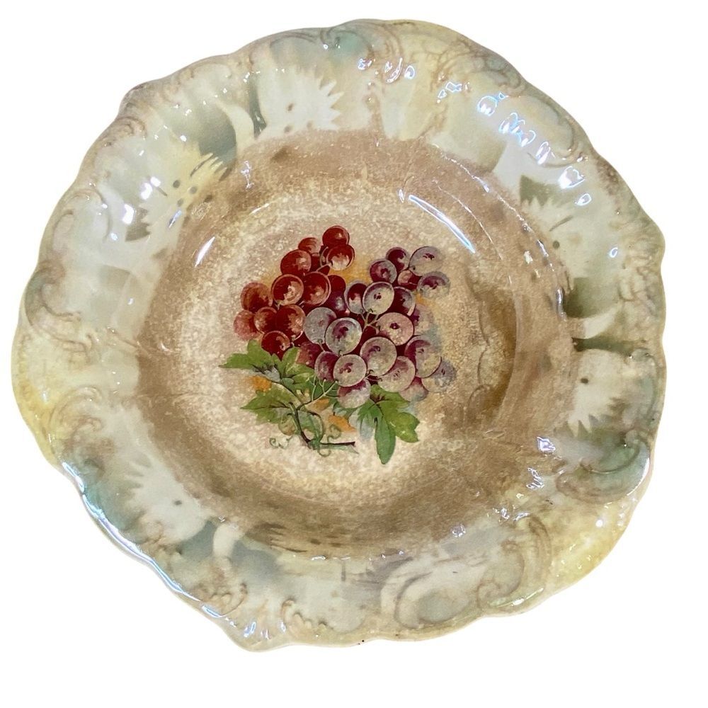 Porcelain Vtg Serving Bowl Grape Pattern Fruit Bowl Stamped Sterling China